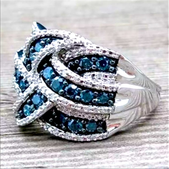 New Silver Blue Sapphire Braided Wide Band Ring - Picture 3 of 3